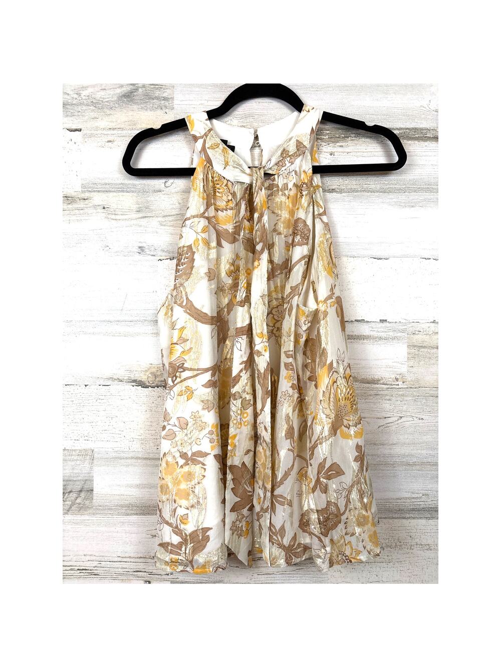 Talbots Womens L Cream Gold Shimmer Floral Halter Tie Neck Sleeveless Blouse NEW
